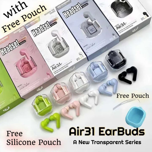 Air 31 Earbuds Crystal Transparent and Bluetooth With Silicon Pouch